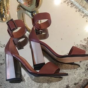 Cognac Leather Ankle Strap Heels-Metal Chunk Heel